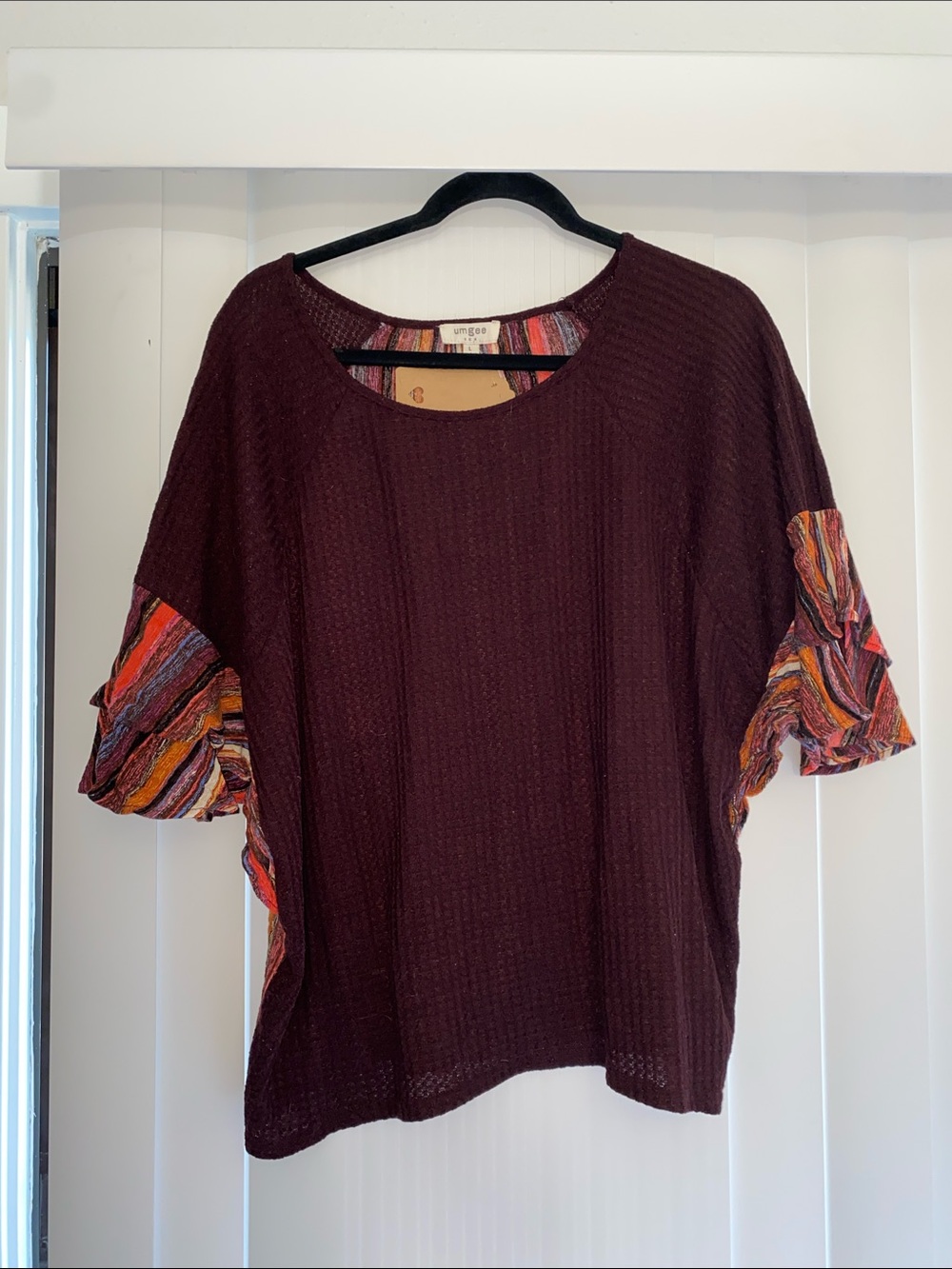 Umgee Plum Top with Multicolor Stripe Ruffle Sleeves